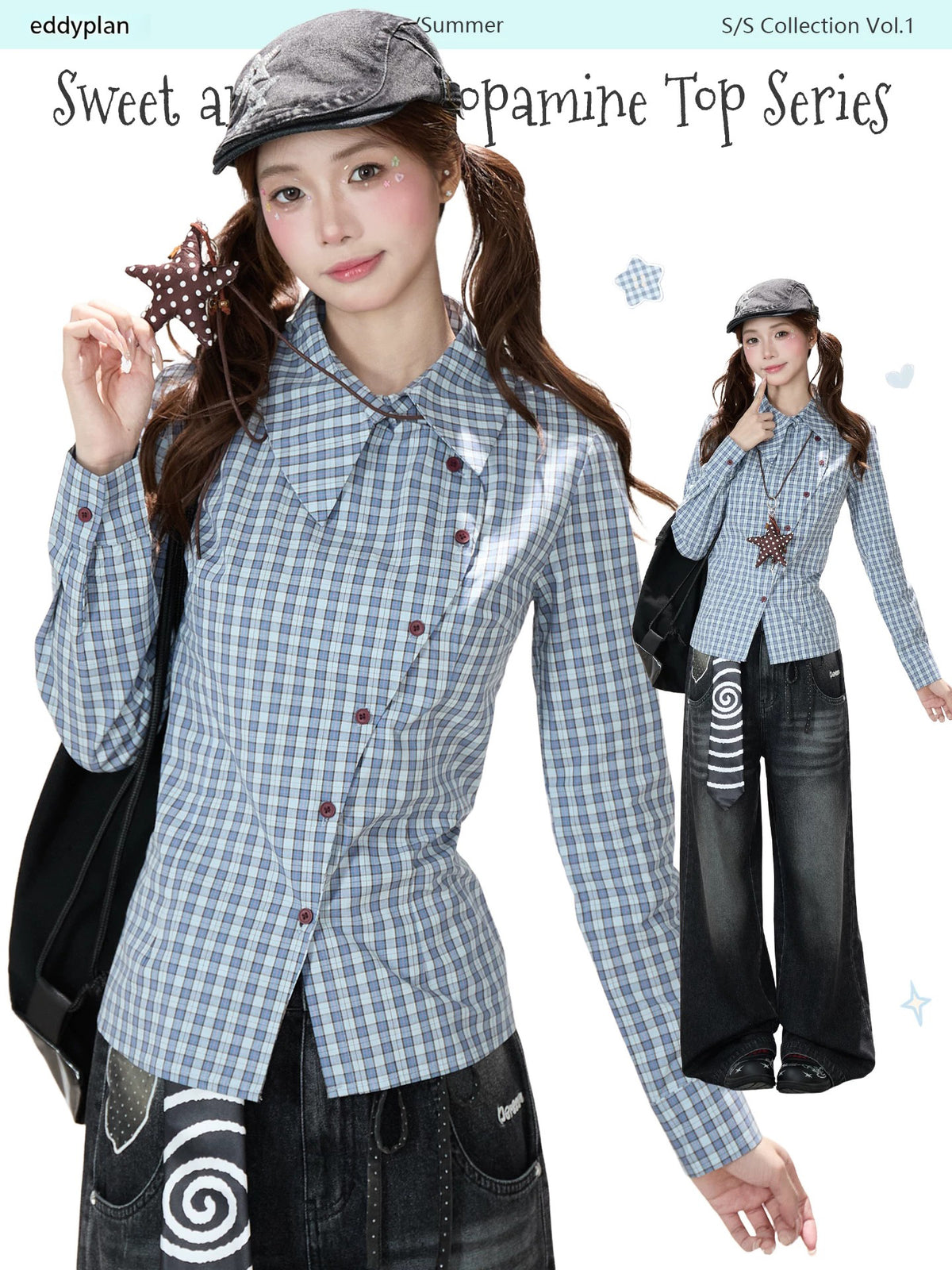 Blue Check Asymmetrical Shirt & Washed Wide-Leg Pants