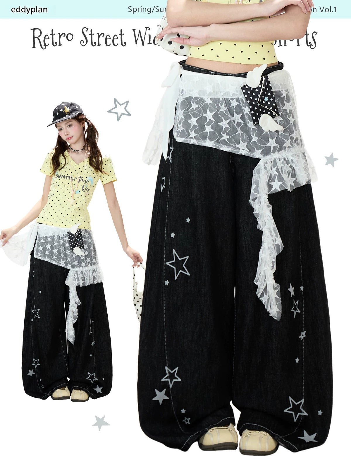 Star Print Lace Layered Wide-Leg Jeans