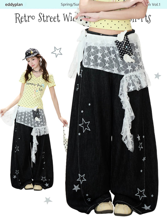 Star Print Lace Layered Wide-Leg Jeans