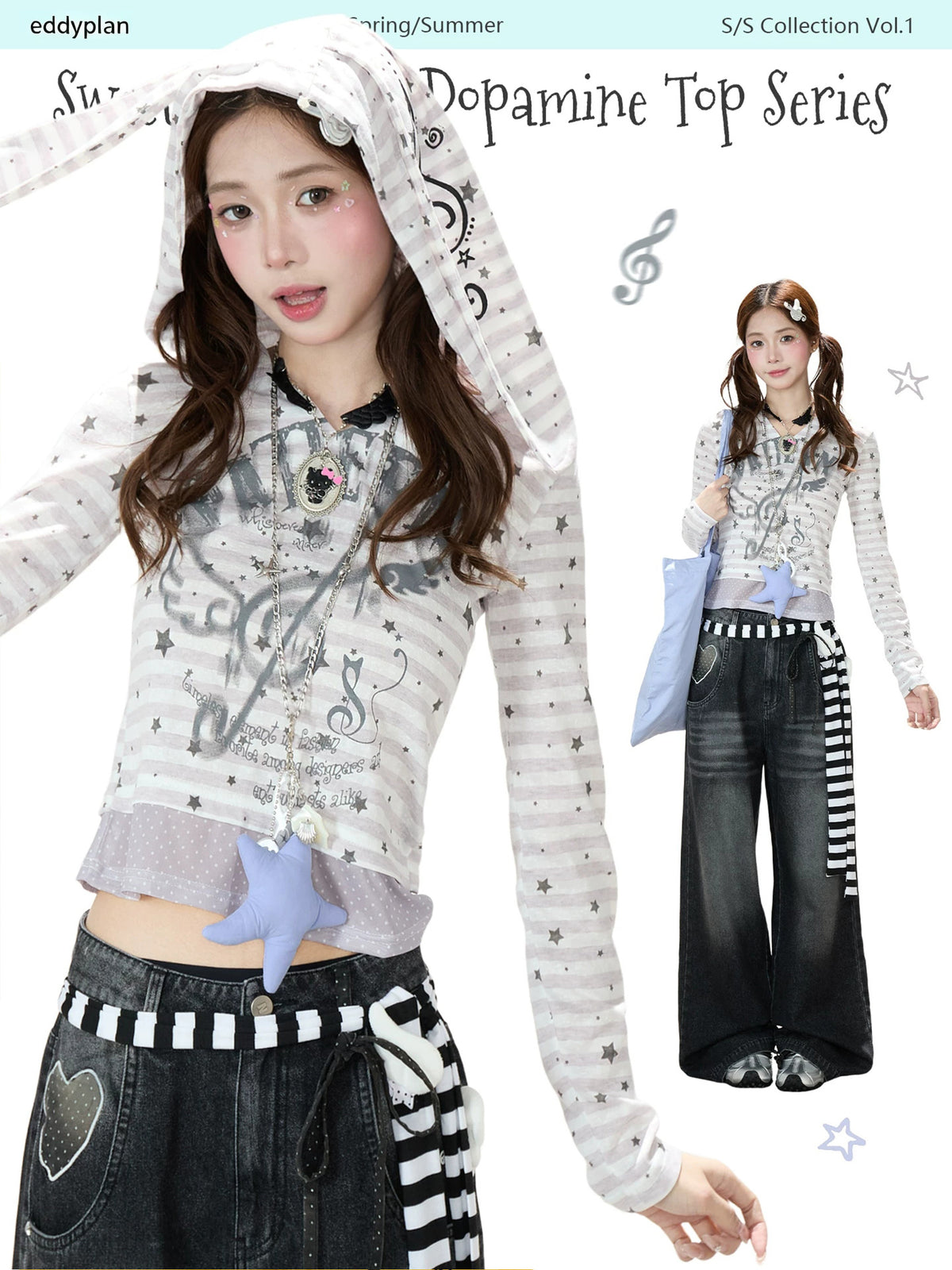 Star Stripe Bunny-Ear Hooded V-Neck Long Sleeve Top