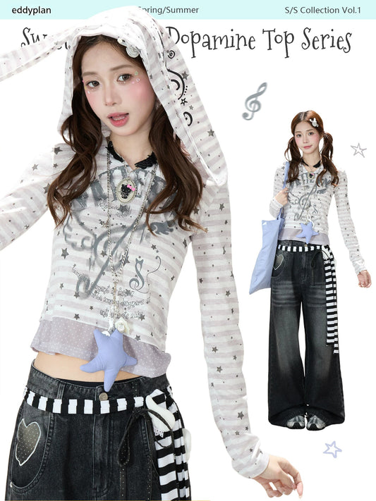 Star Stripe Bunny-Ear Hooded V-Neck Long Sleeve Top