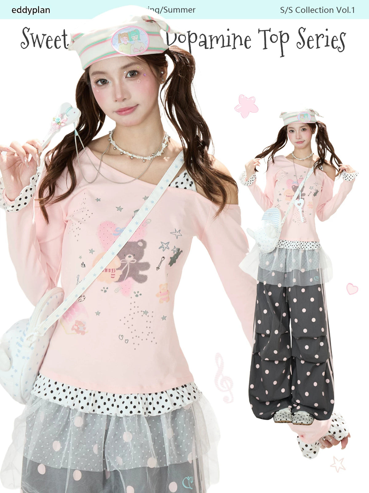 Dreamy Cartoon Off-Shoulder Layered Long Sleeve Top & Polka Dot Wide-Leg Pants