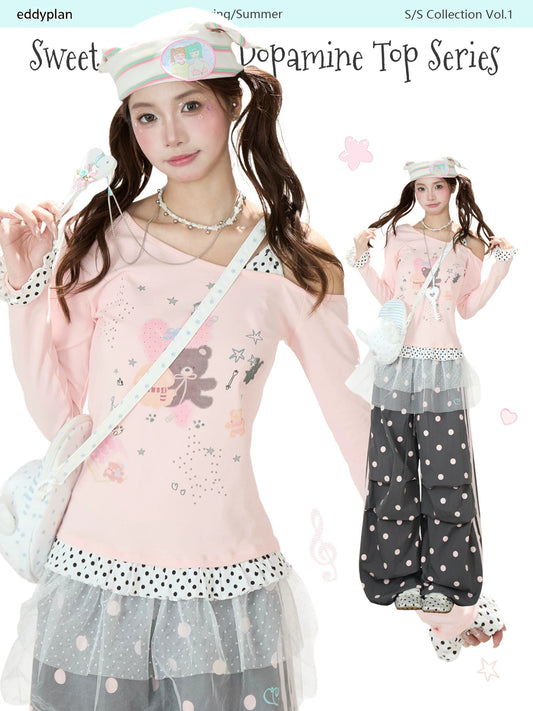Dreamy Cartoon Off-Shoulder Layered Long Sleeve Top & Polka Dot Wide-Leg Pants
