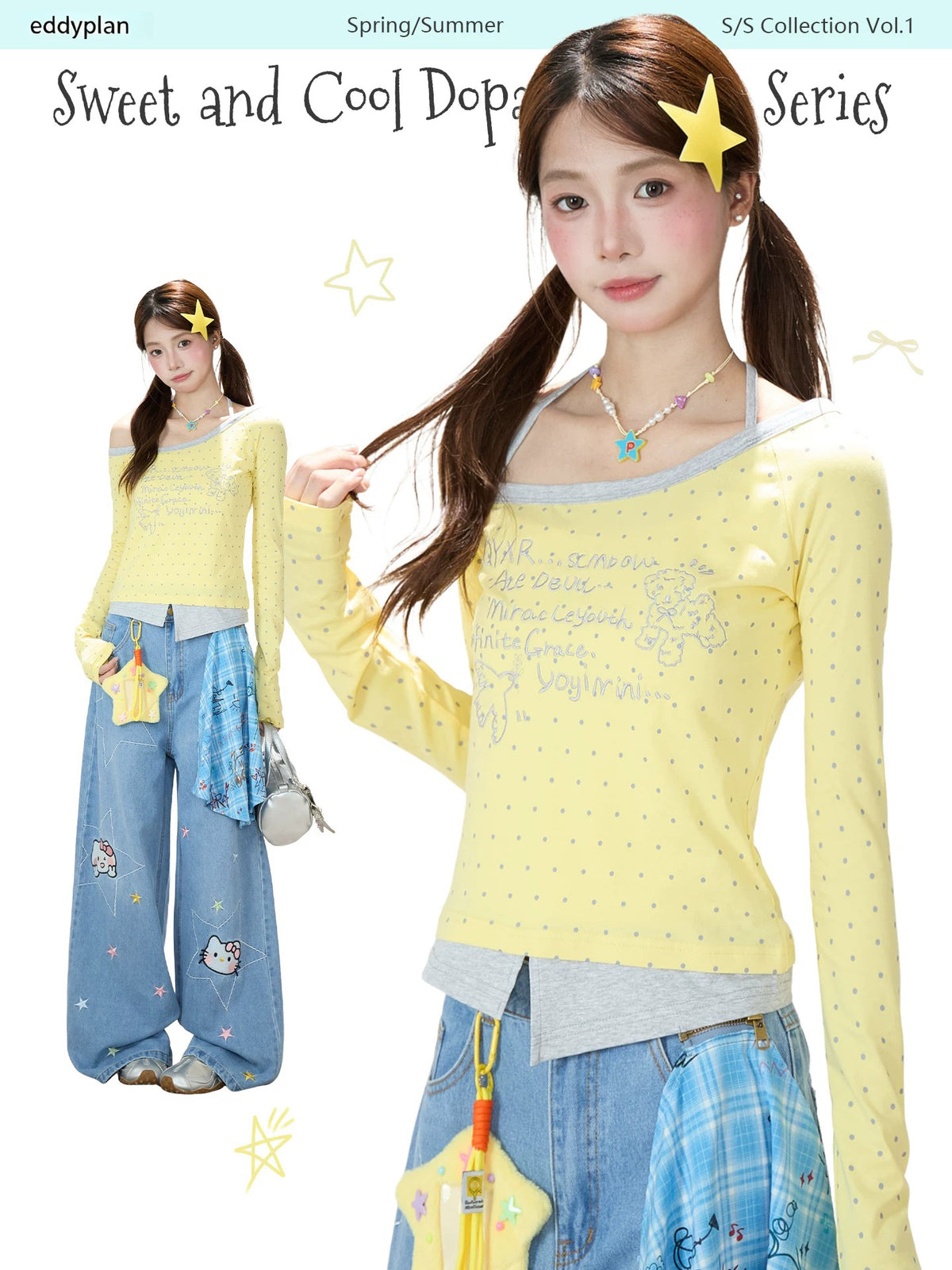 Letter Polka-Dot Off-Shoulder Layered Long Sleeve Top & Cartoon Star Wide-Leg Jeans with Charm