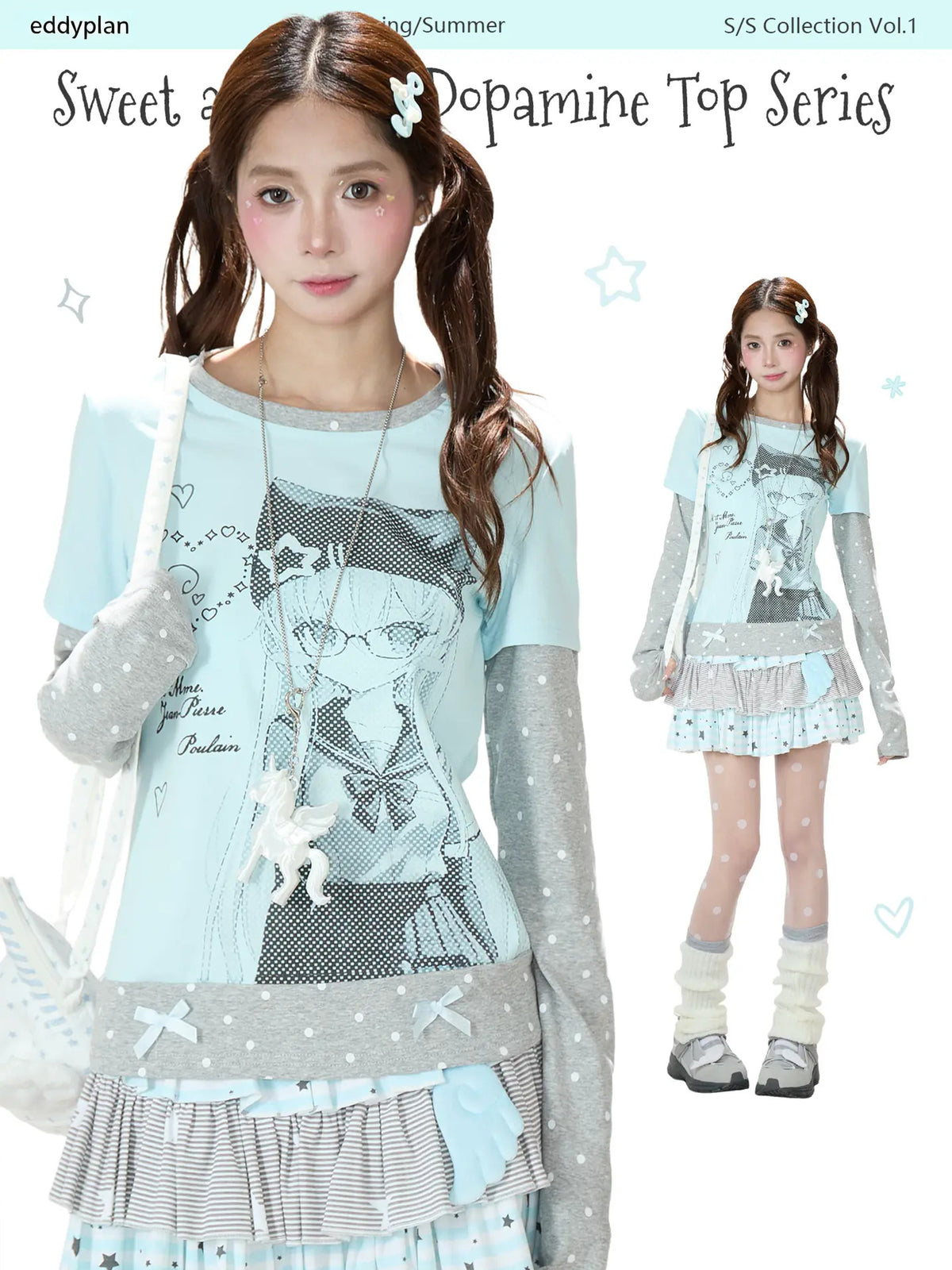 Anime Girl Polka-Dot Layered Long Sleeve Top & Star Tiered Ruffle Mini Skirt