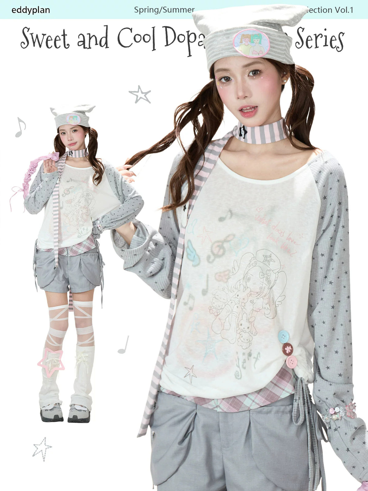 Dreamy Hand-Drawn Raglan Long Sleeve Top & Relaxed Wide-Leg Pants