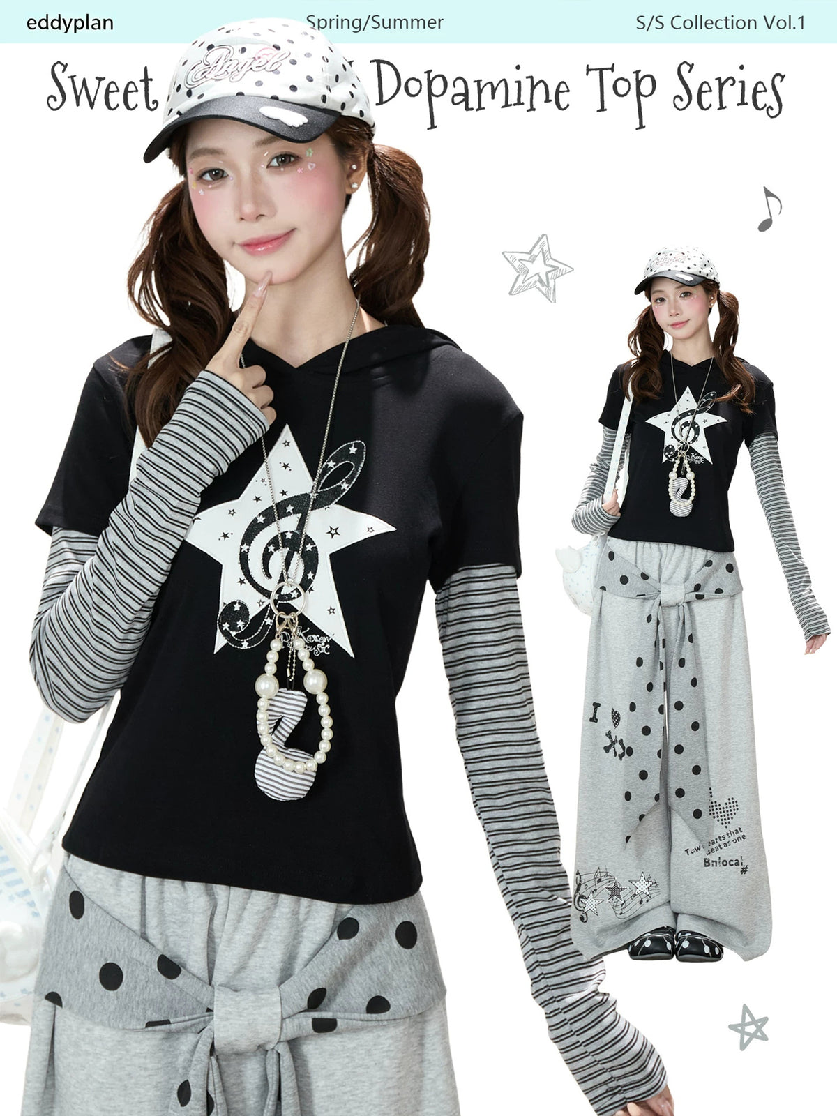 Music Note Star Layered Hoodie Top & Polka Dot Tie-Waist Wide-Leg Pants