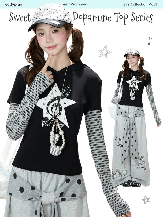 Music Note Star Layered Hoodie Top & Polka Dot Tie-Waist Wide-Leg Pants