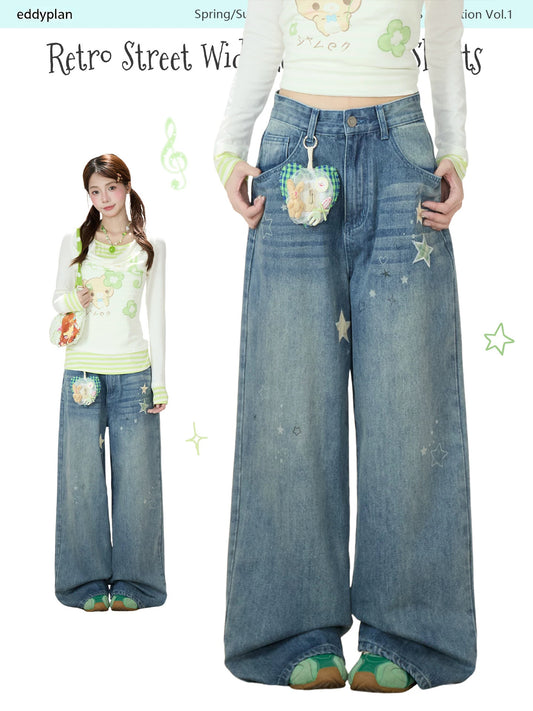 Vintage Washed Star Print Wide-Leg Jeans