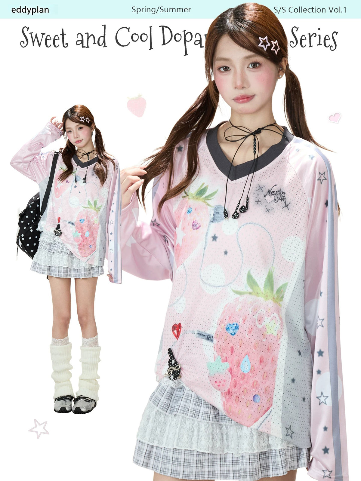 Strawberry Star Mesh V-Neck Long Sleeve Jersey Top