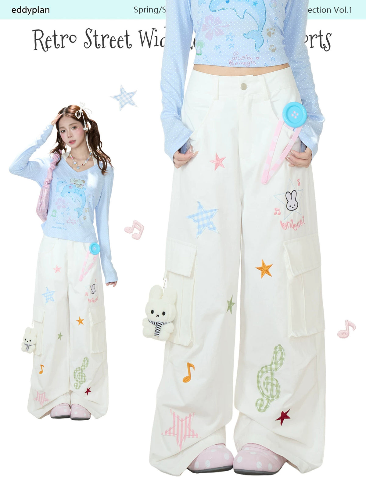 Cartoon Patch Embroidered Wide-Leg Cargo Pants