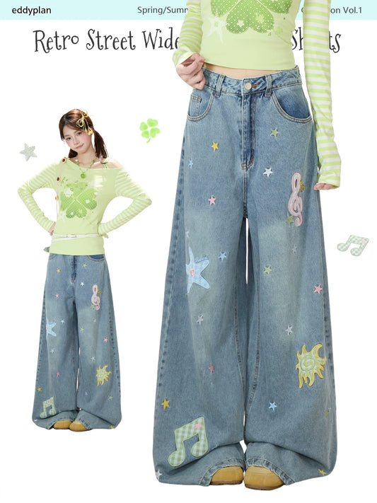 Star Music Note Embroidered Washed Wide-Leg Jeans