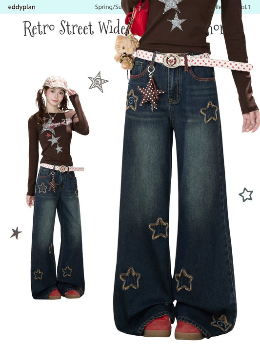 Frayed Star Patch Washed Wide-Leg Jeans