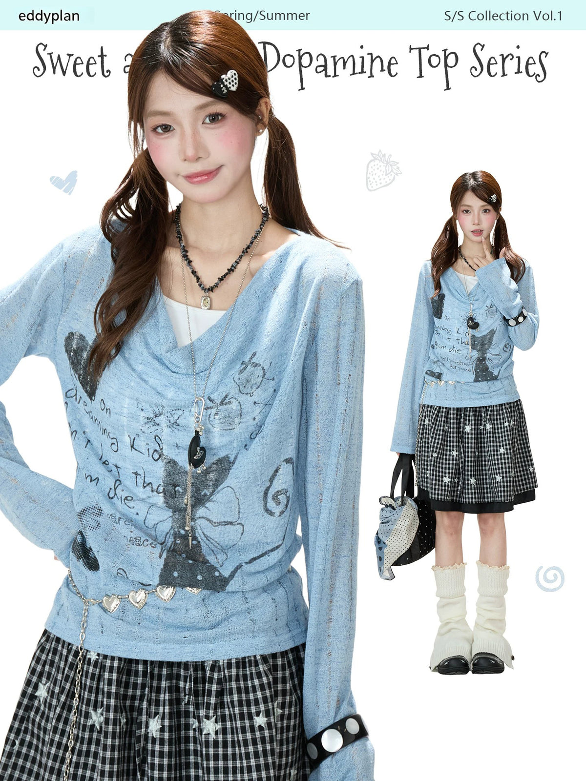 Cartoon Graffiti Cowl-Neck Long Sleeve Top & Black Plaid Lace Mini Skirt