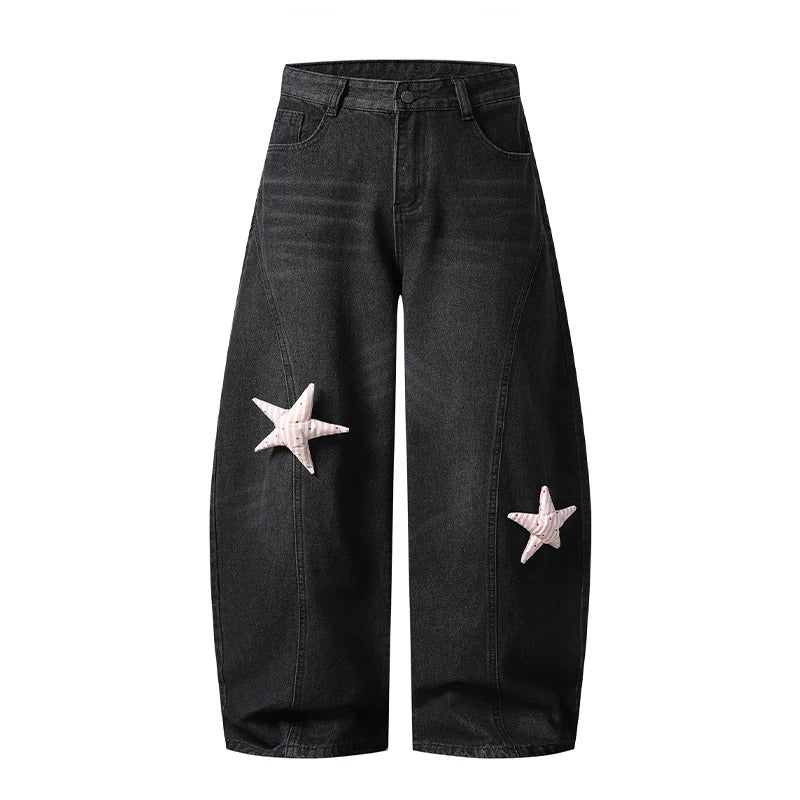 Striped Polka-Dot Layered Two-Piece Top Set & Star Patch Wide-Leg Jeans