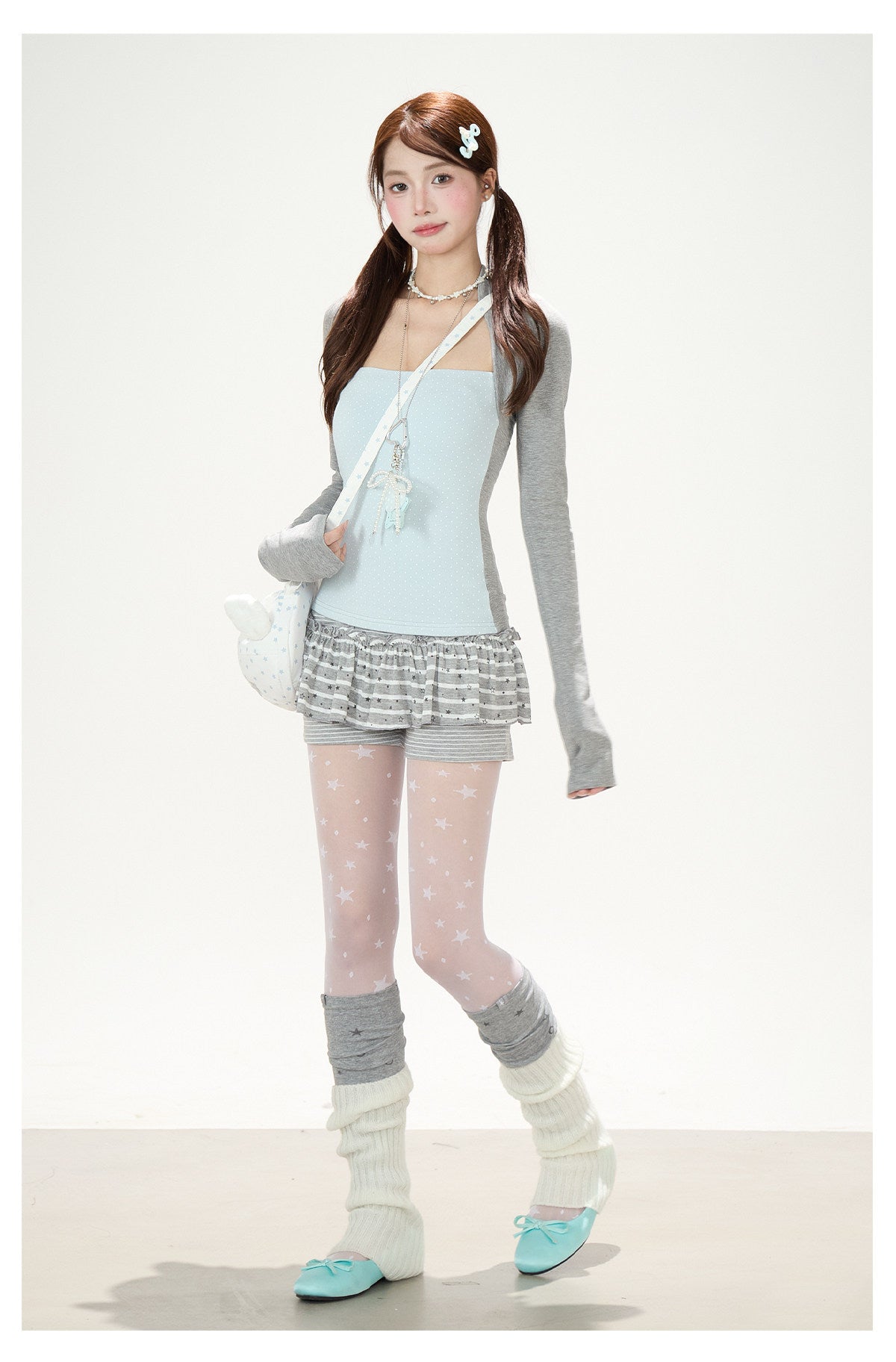 Polka-Dot Layered Cami Long Sleeve Top & Gray Ruffle Shorts