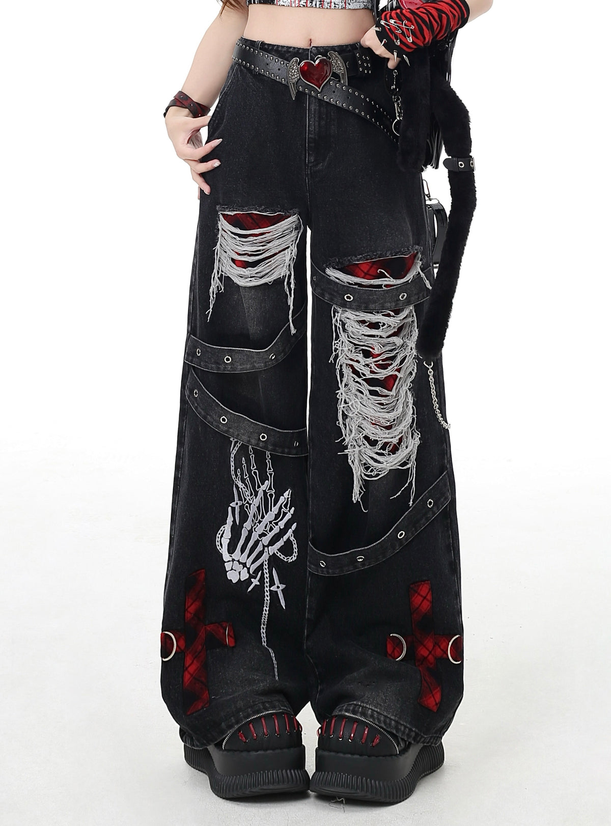 Skeleton Hand Distressed Strap Wide-Leg Jeans
