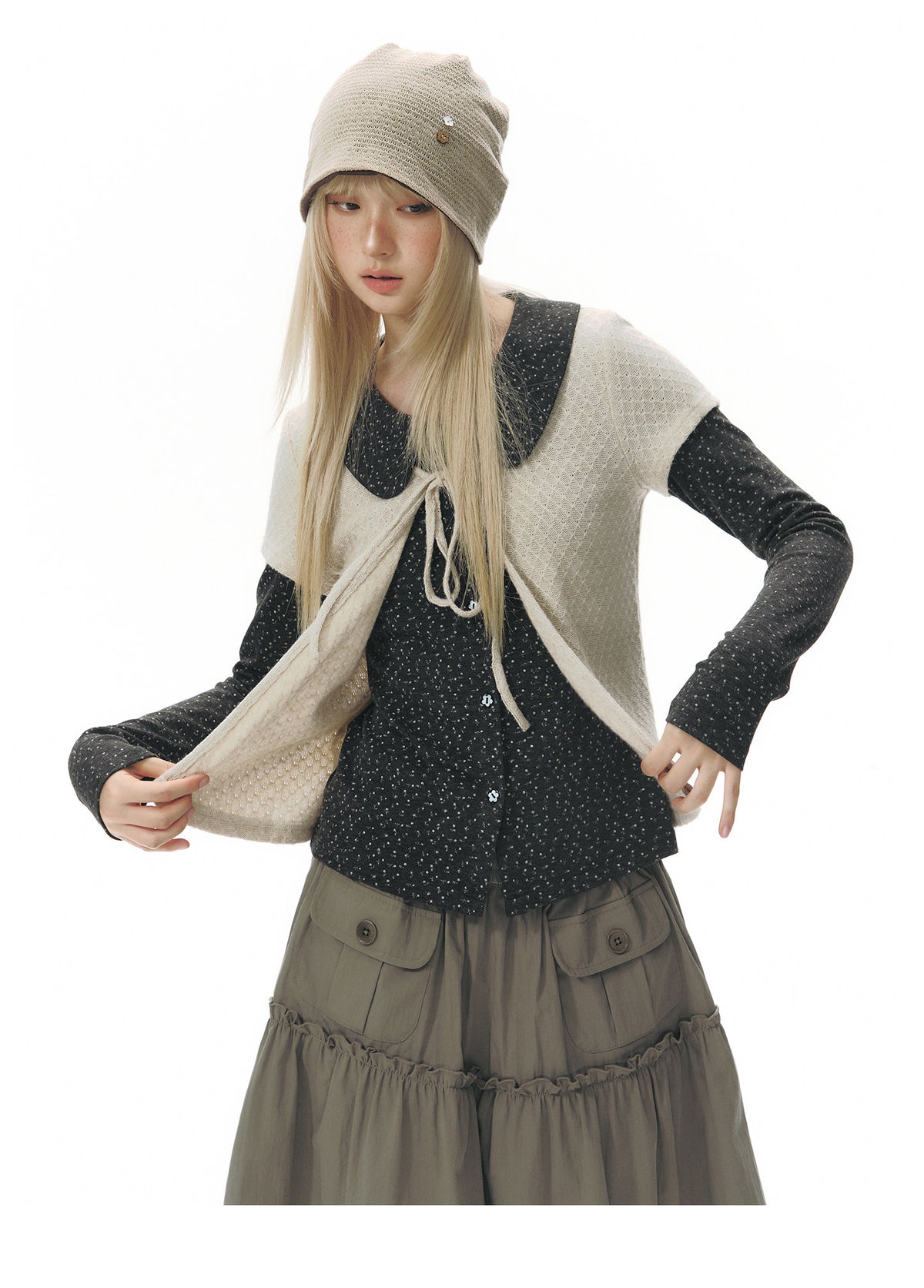 Doll-Collar Long Sleeve & Tie-Front Cardigan Set