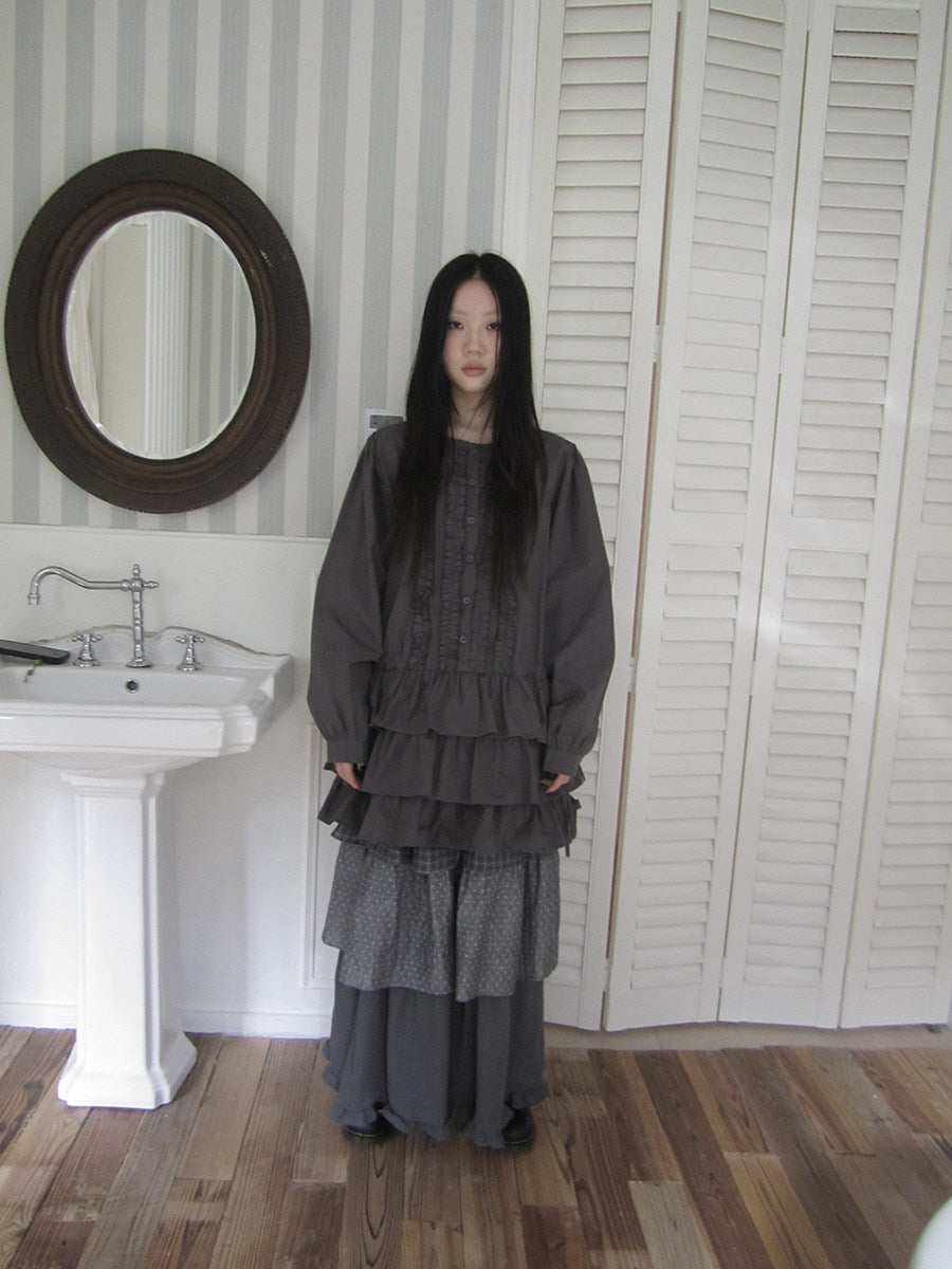 Ruffle-Trim Button Tiered Long Sleeve Tunic Top