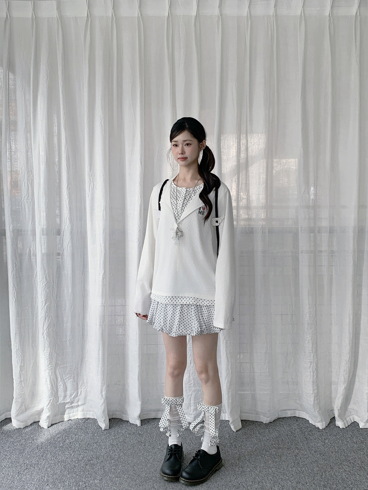 Polka Dot Layered Henley Long Sleeve Top