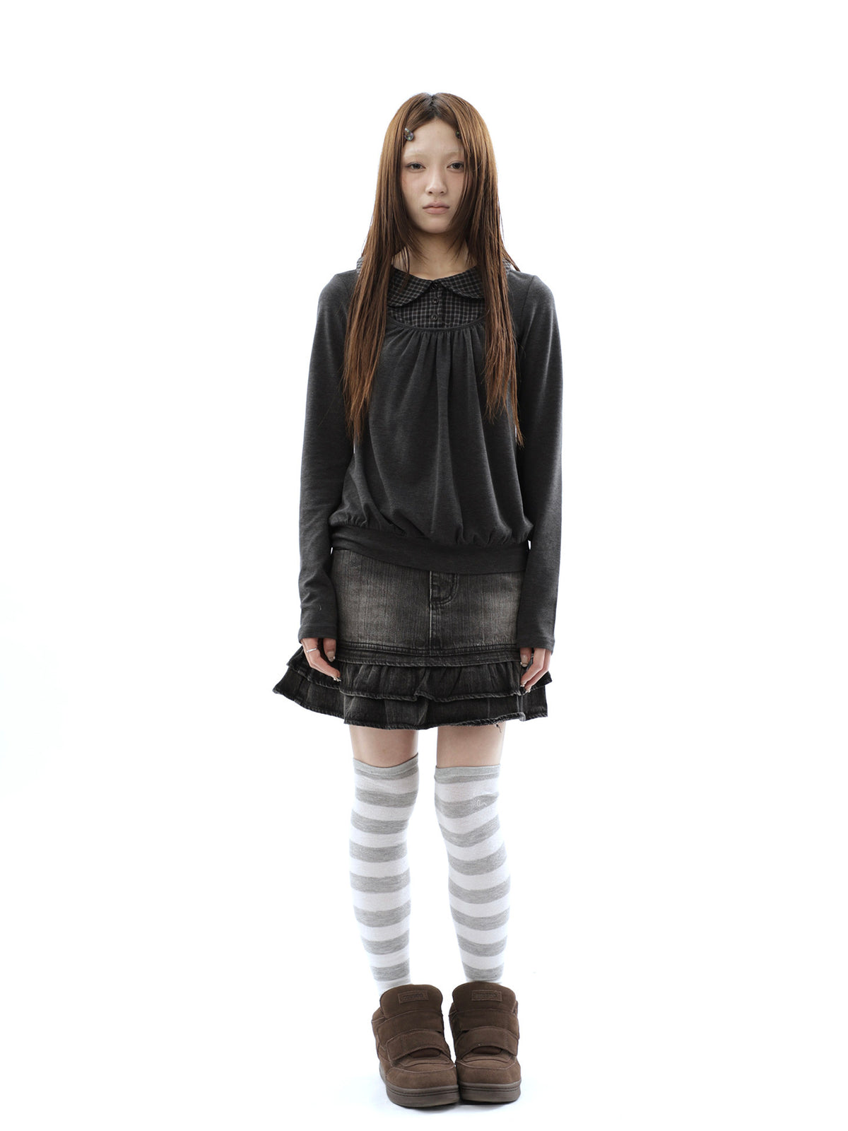 Washed Black Double-Ruffle Denim Mini Skirt