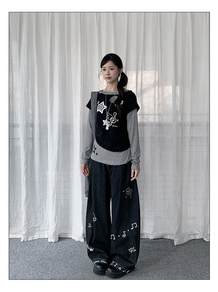 Star Music Note Wide-Leg Denim Jeans