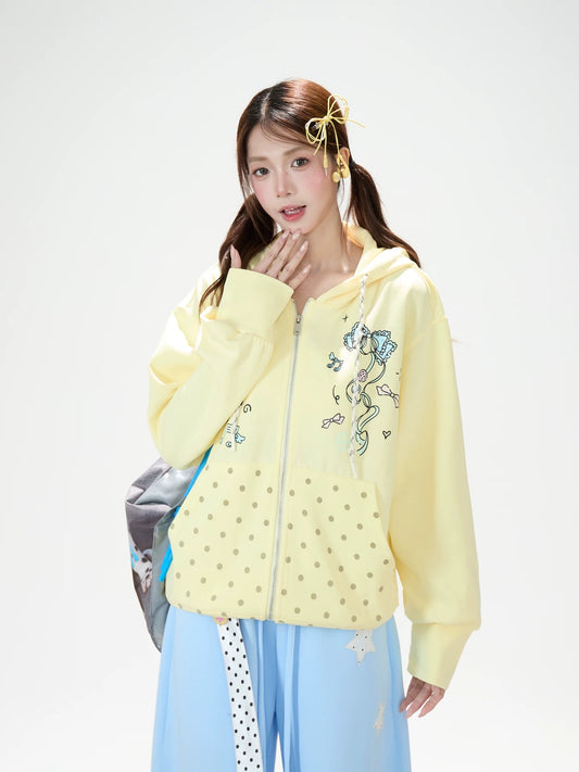 Bow Music Note Polka-Dot Zip-Up Hoodie & Blue Star Wide-Leg Pants