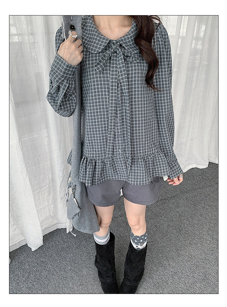 Plaid Bow Collar Ruffle Long Sleeve Blouse