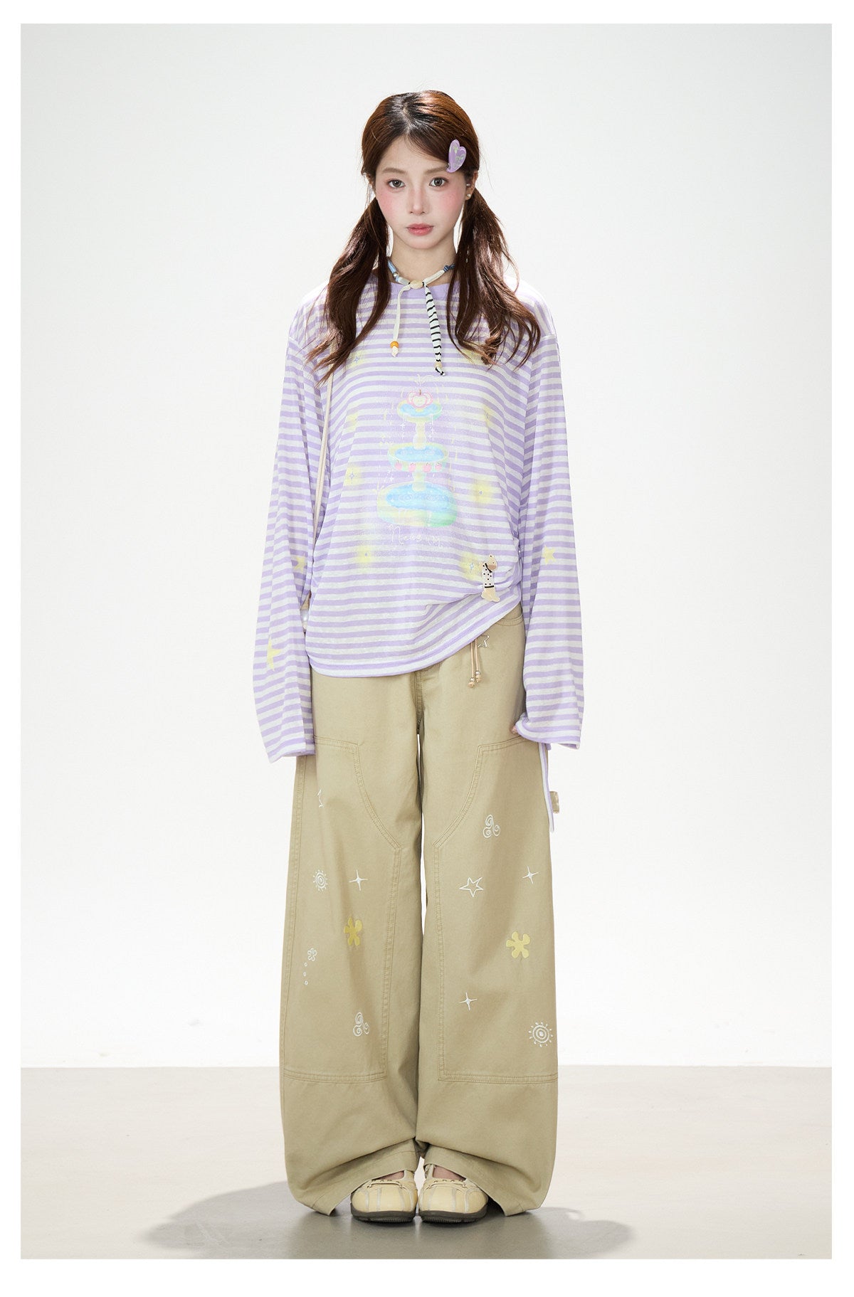 Khaki Embroidered Wide-Leg Cargo Pants