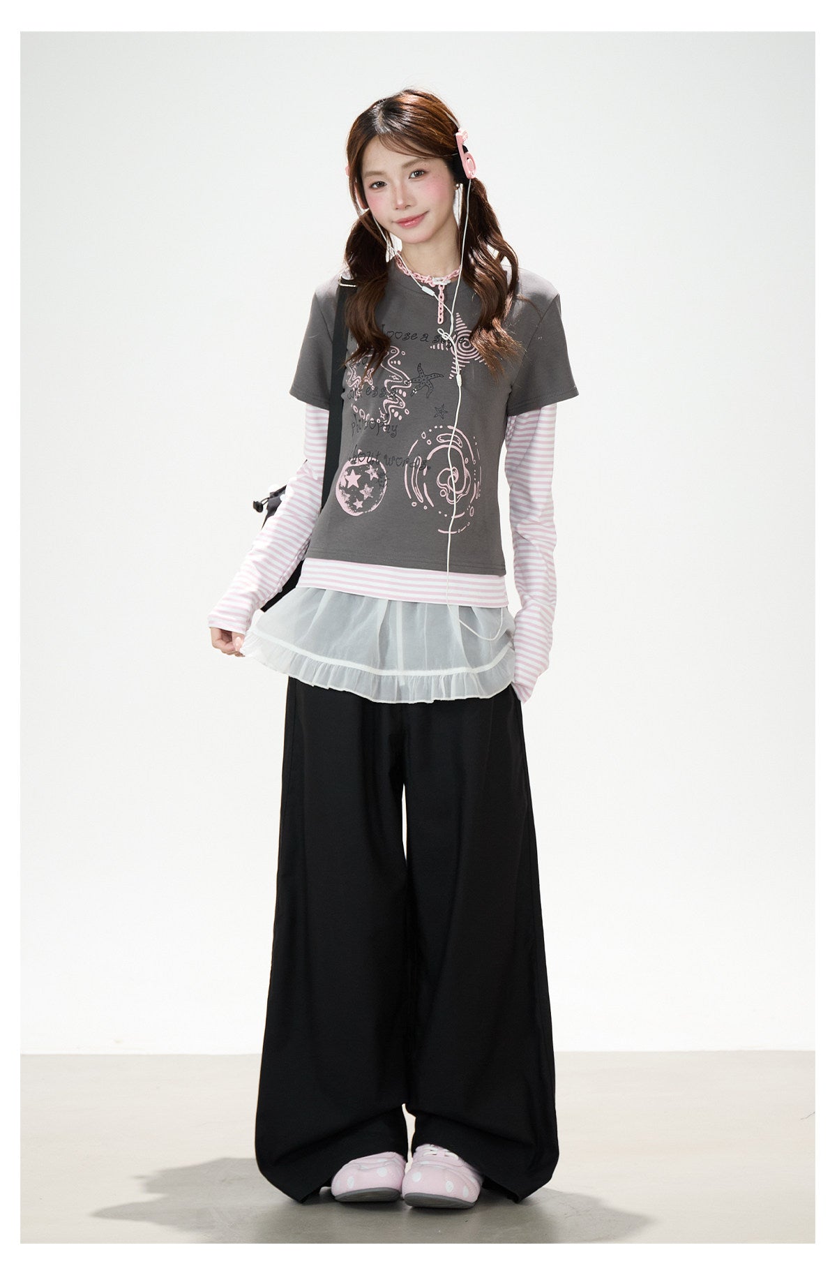 Graffiti Layered Long Sleeve Top & Black Wide-Leg Pants