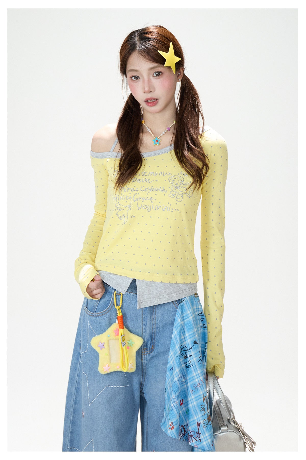Polka-Dot Halter Off-Shoulder Long Sleeve Top & Wing Lace Wide-Leg Cargo Pants