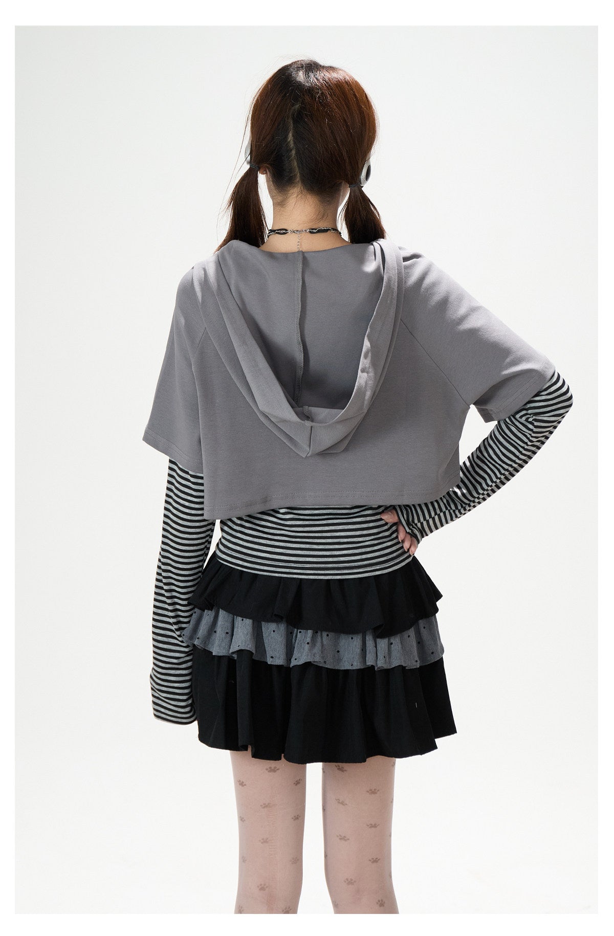 Graphic Cropped Hooded Tee, Striped Layering Long Sleeve Top & Tiered Mini Skirt