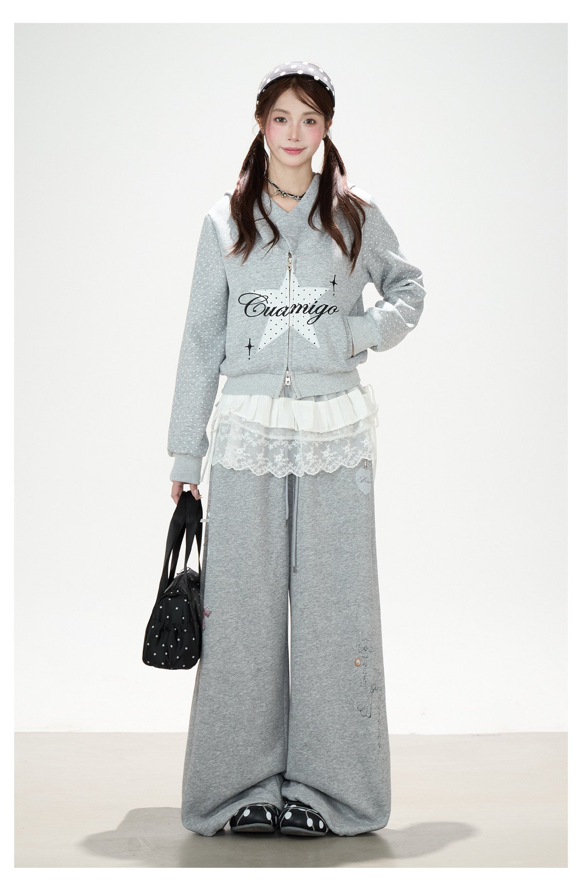 Star Polka-Dot Cropped Zip-Up Hoodie & Gray Wide-Leg Sweatpants