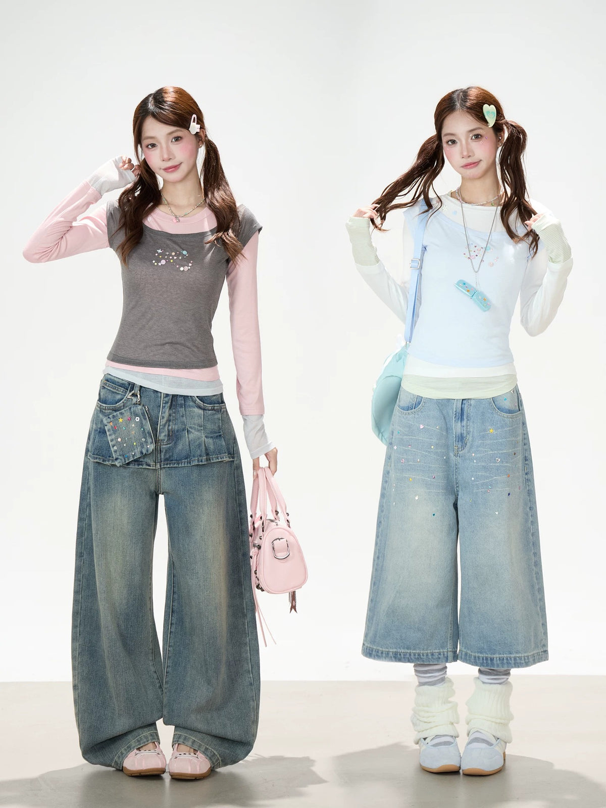 Layered Contrast Long Sleeve Top & Washed Wide-Leg Jeans