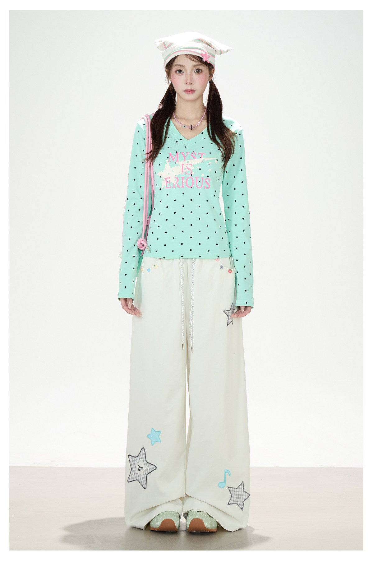 Polka-Dot V-Neck Long Sleeve Top & Star Music Note Wide-Leg Pants