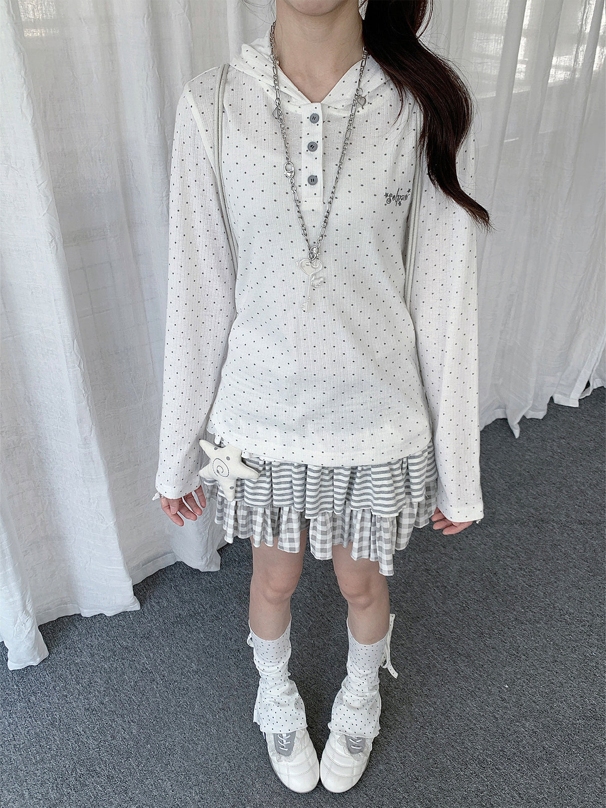 Polka Dot Henley Hooded Long Sleeve Top