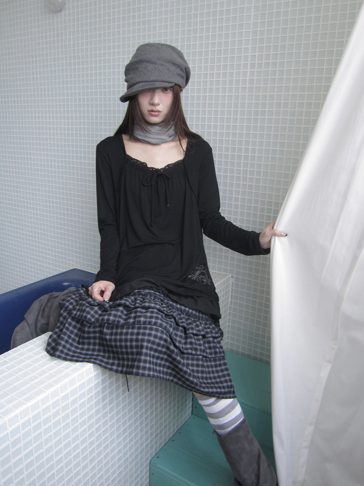 Star Embroidered Lace-Hem Tie Long Sleeve Top