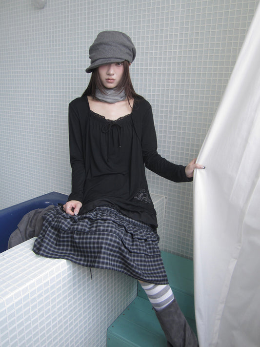 Star Embroidered Lace-Hem Tie Long Sleeve Top