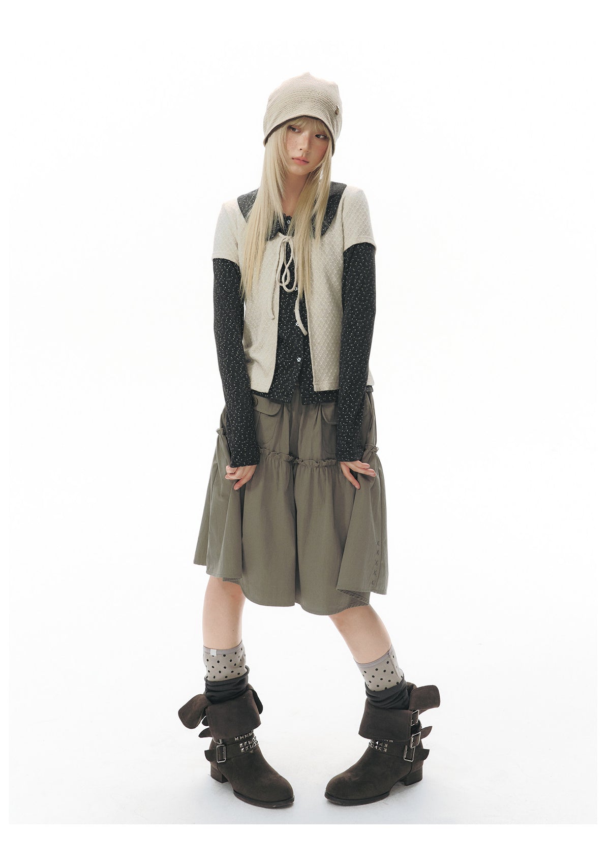 Doll-Collar Long Sleeve & Tie-Front Cardigan Set