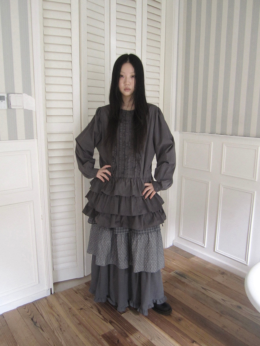 Ruffle-Trim Button Tiered Long Sleeve Tunic Top