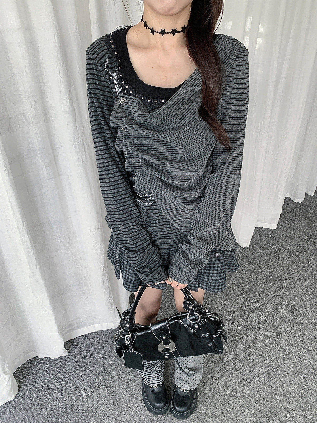 Asymmetric Button-Drape Striped Long Sleeve Top