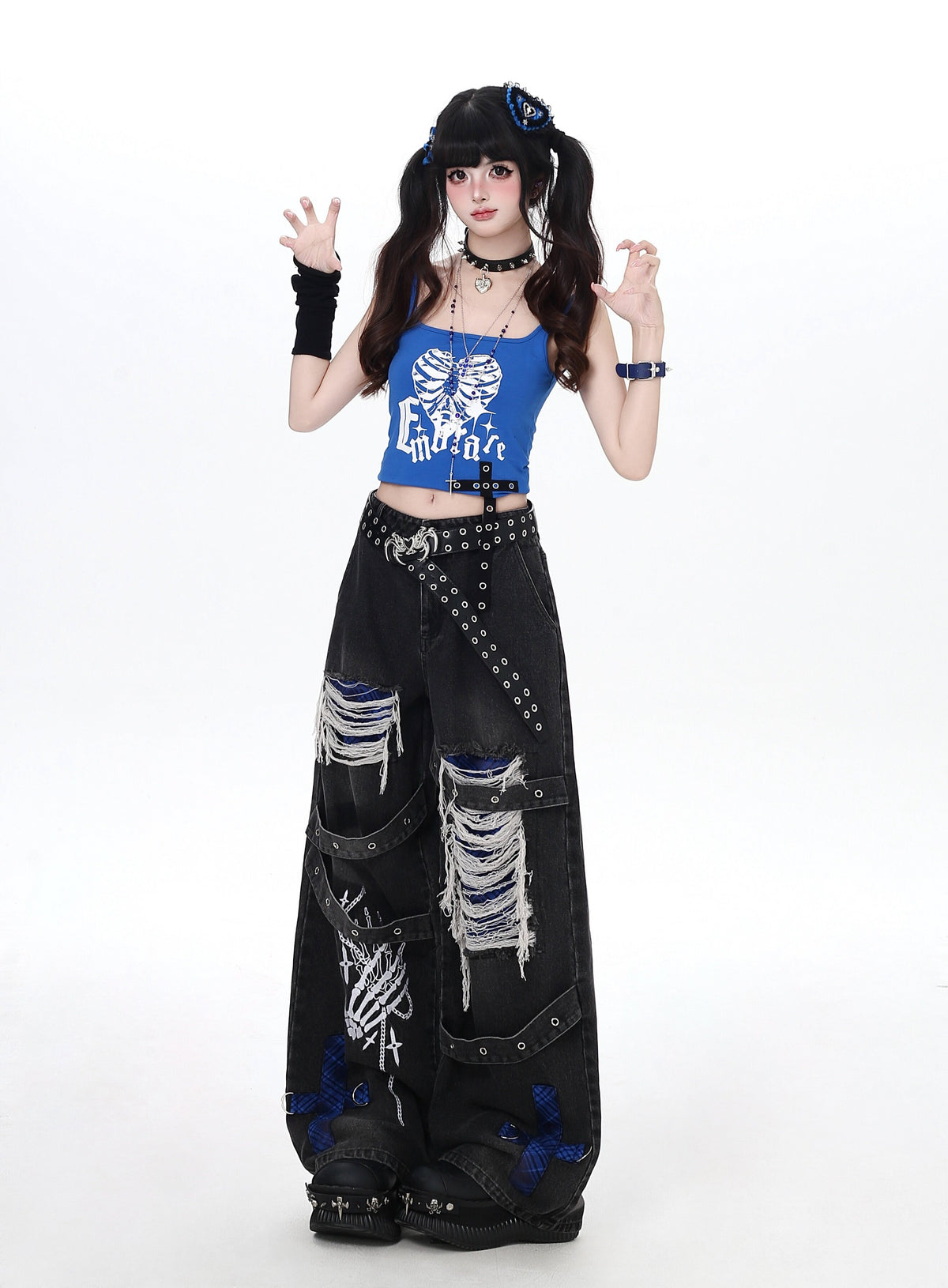 Skeleton Hand Distressed Strap Wide-Leg Jeans