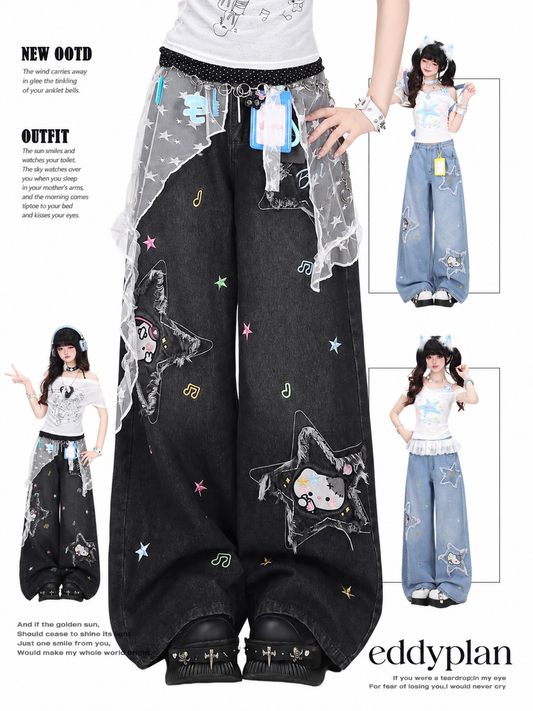 Star Cat Patch Wide-Leg Jeans with Card Holder Charm