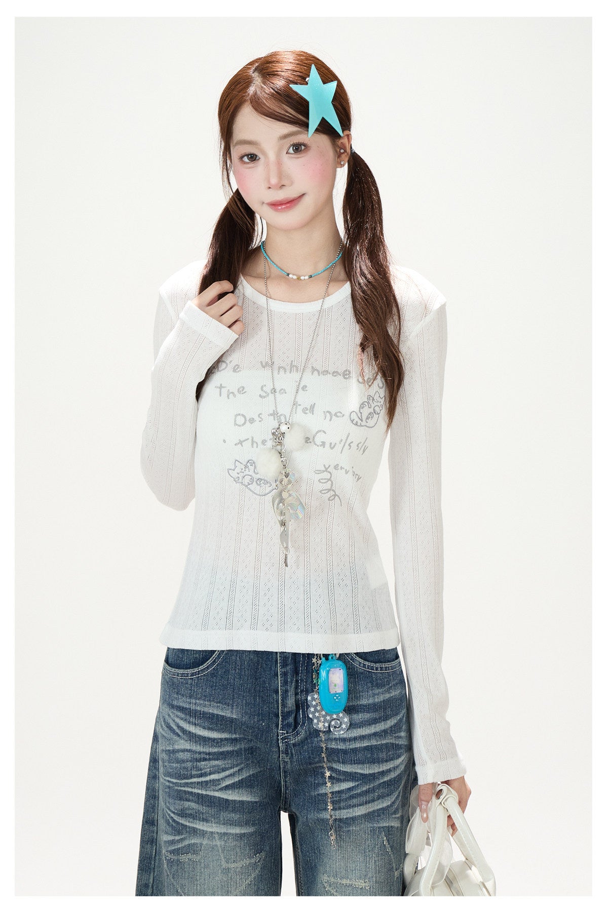 Sheer Cat Doodle Long Sleeve Top, Polka-Dot Cami & Washed Wide-Leg Jeans