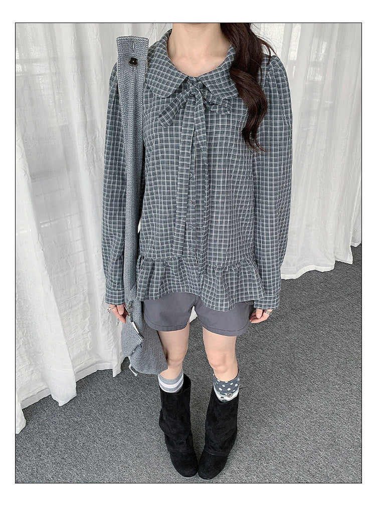 Plaid Bow Collar Ruffle Long Sleeve Blouse