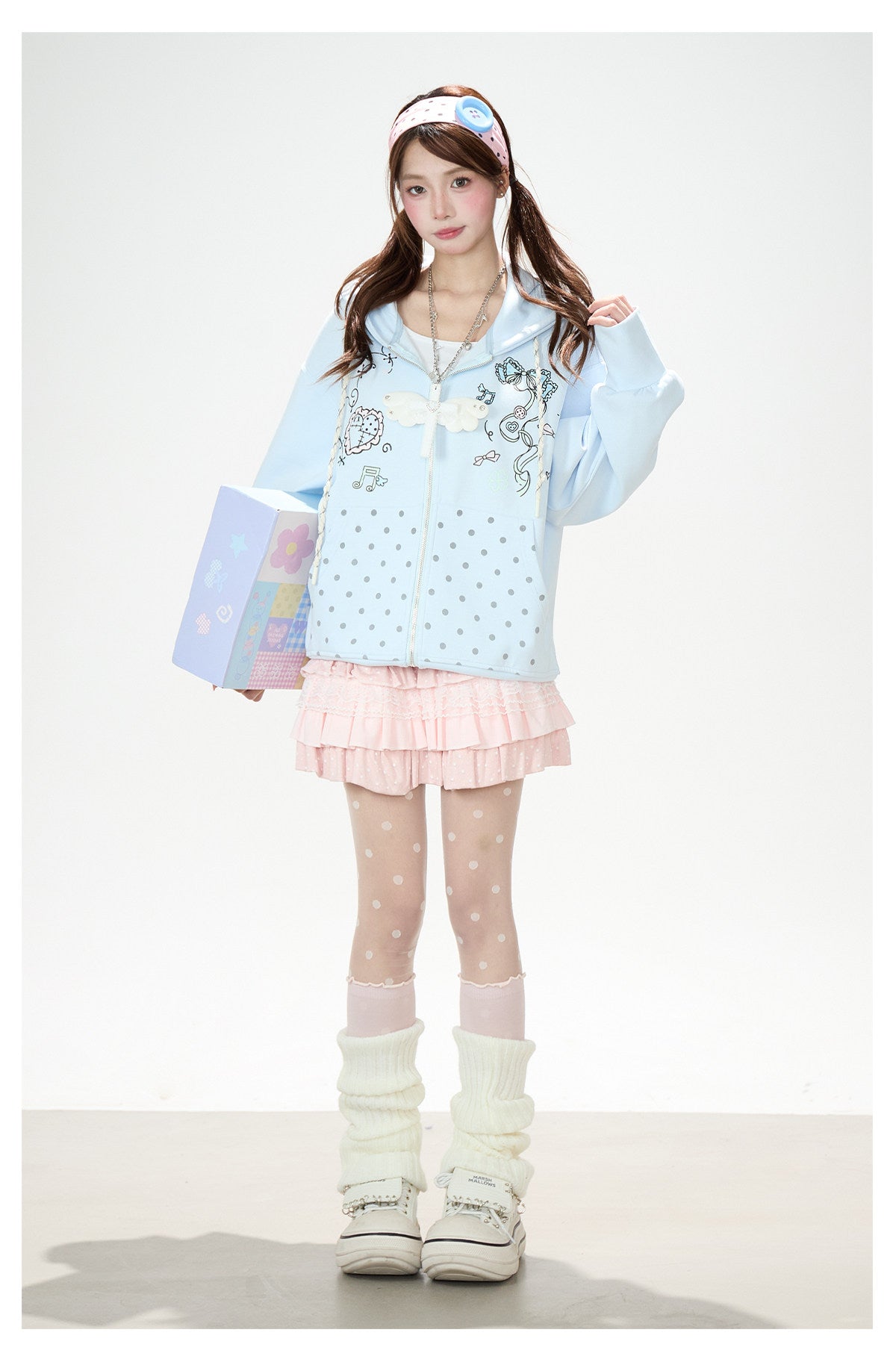 Hand-Drawn Polka-Dot Zip-Up Hoodie & Pink Ruffle Mini Skirt