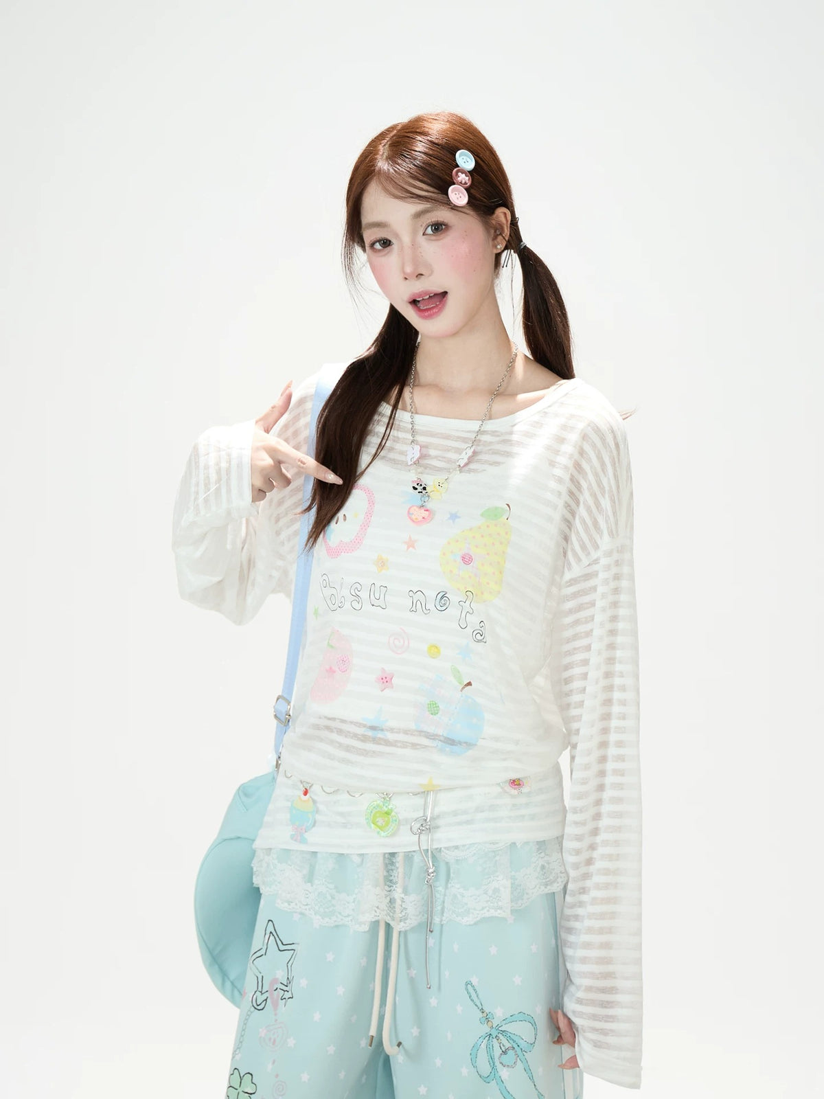 Fruit Doodle Stripe Long Sleeve Top & Polka-Dot Wide-Leg Pants