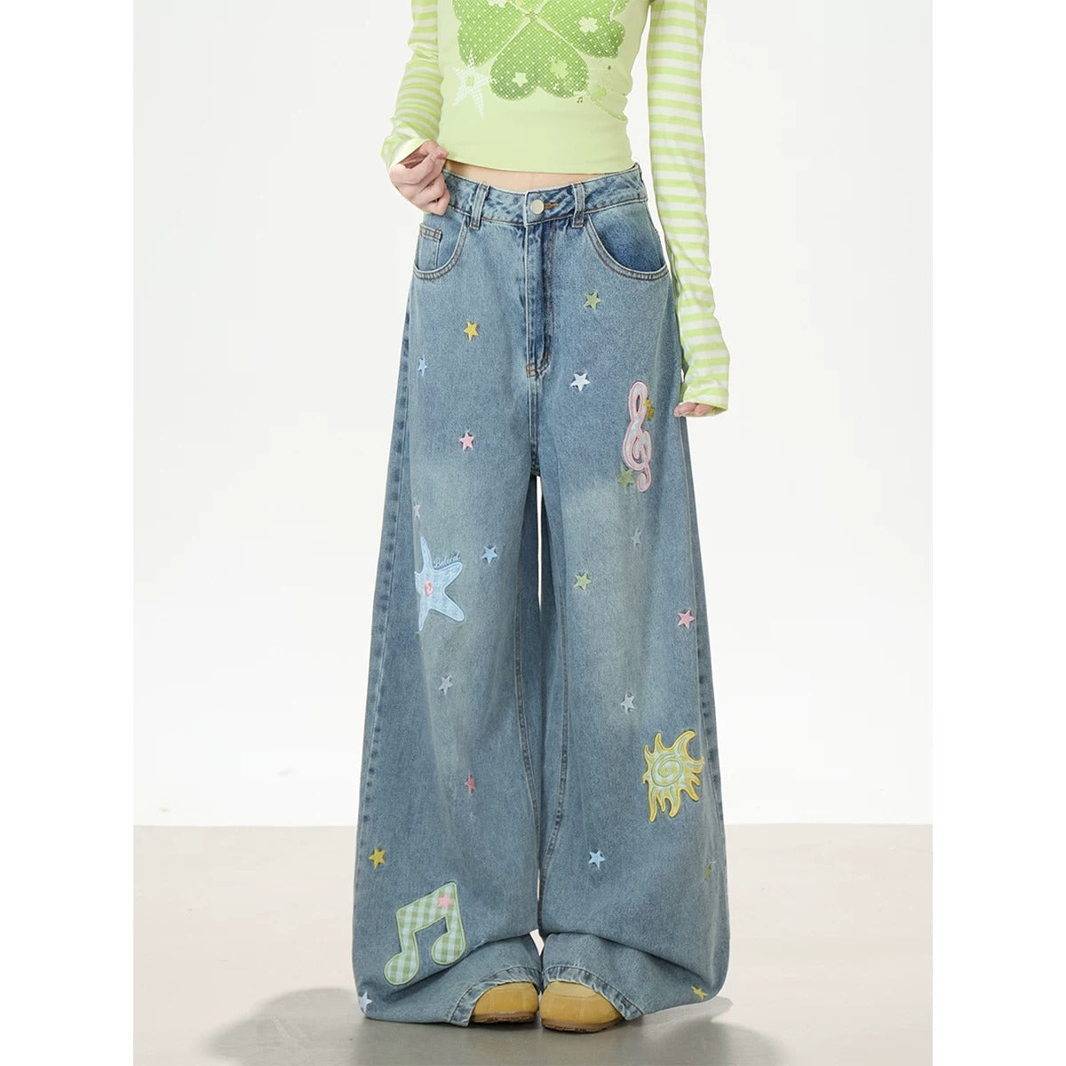 Clover Stripe Off-Shoulder Long Sleeve Top & Star Music Note Wide-Leg Jeans