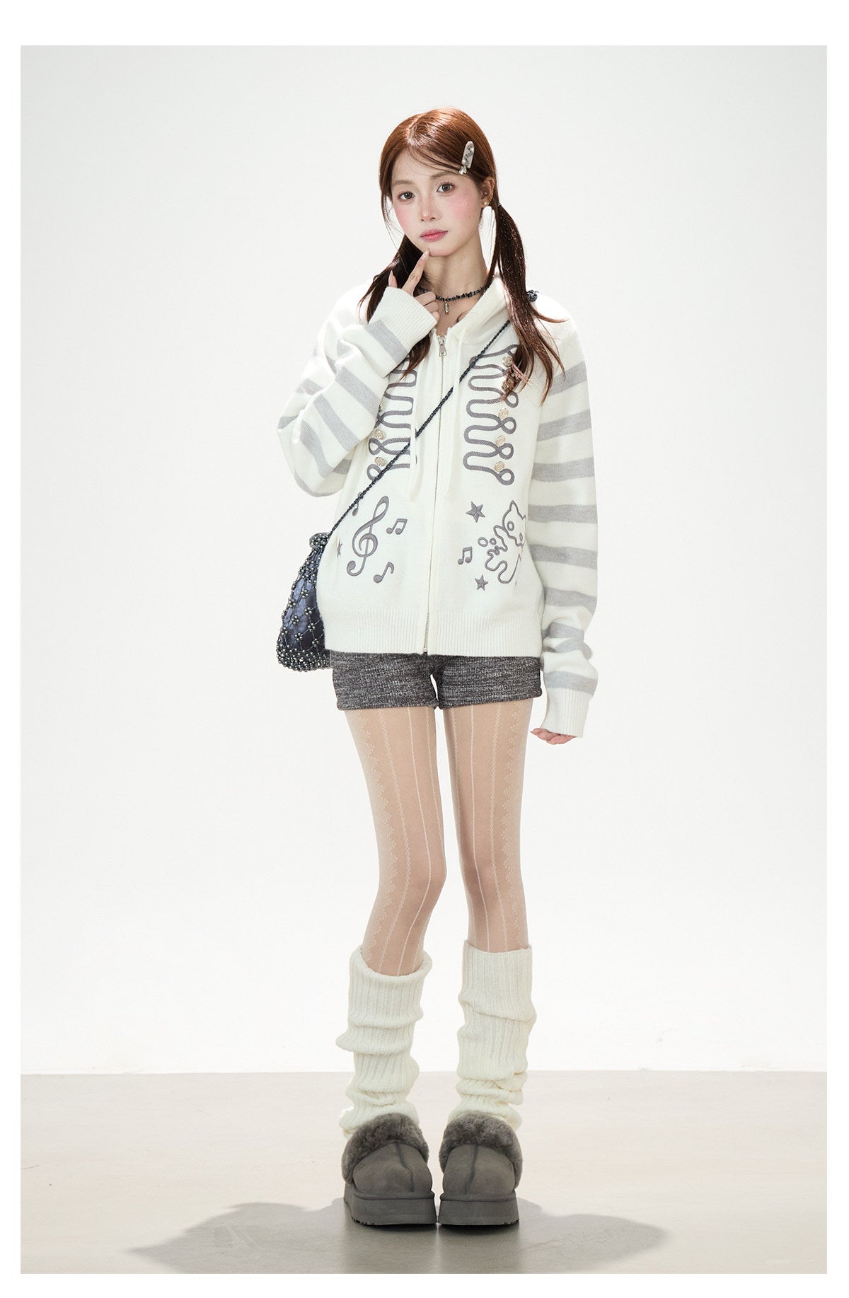 Doodle Stripe Hooded Knit Zip Cardigan
