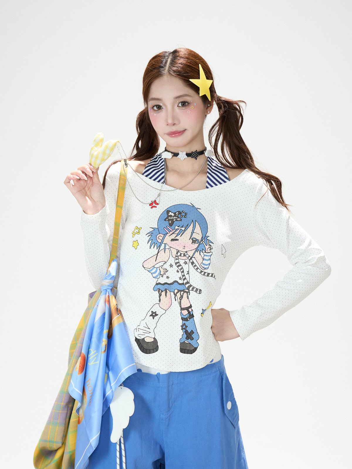 Cartoon Girl Faux-Layered Long Sleeve Top & Polka Dot Waist Wide-Leg Pants